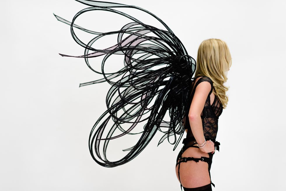 Hairstyle, Art, Long hair, Thigh, Undergarment, Blond, Waist, Agent provocateur, Feather, Graphics, 