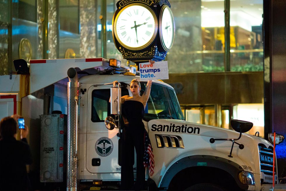 Lady Gaga protests Donald Trump November 2016 on a sanitation truck