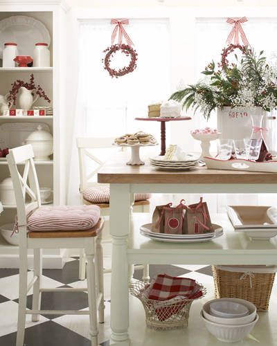 <p>When company calls, pull out the treats. Holiday-hued cake stands and trays are stylish staging areas for baked goods and candies. Keep a stack of bright white plates ready along with napkins and forks. Here, a vintage bread box is repurposed as a container for baby's breath, greens, and berries.</p>