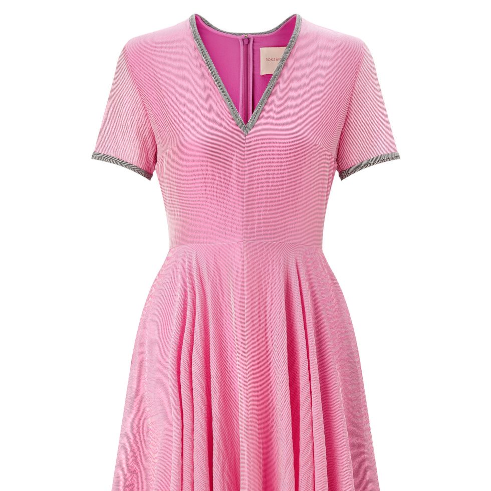 Sleeve, Dress, Textile, Magenta, Pink, One-piece garment, Formal wear, Pattern, Collar, Fashion, 