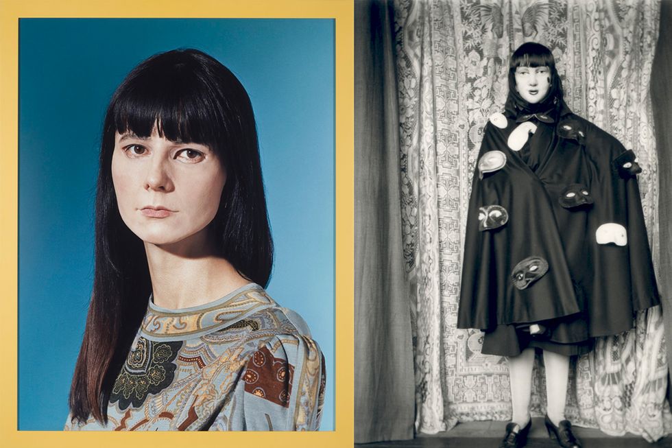From left: Gillian Wearing, 'Self-portrait of me now in a mask', 2011; collection of Mario Testino © Gillian Wearing, courtesy Maureen Paley, London; Regen Projects, Los Angeles; Tanya Bonakdar Gallery, New York; 'Self-portrait (full-length masked figure in cloak with masks)' by Claude Cahun, 1928; Jersey Heritage Collections © Jersey Heritage