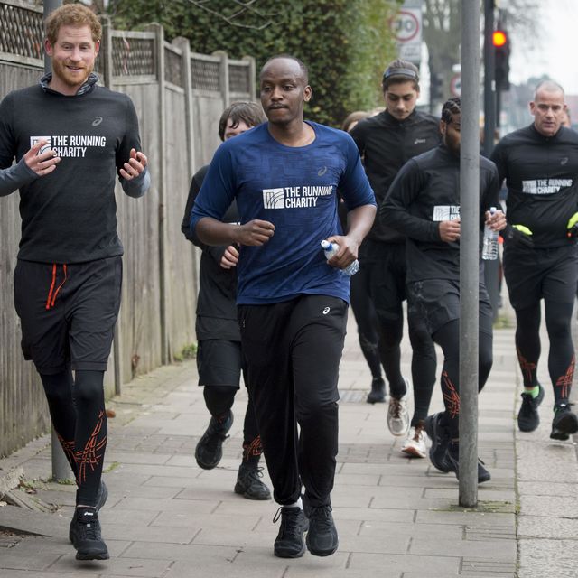 Prince Harry runs with staff and users of The Running Charity, which is the UK's first running-orientated programme for homeless and vulnerable young people, on January 26, 2017 in Willesden, north west London, England.
