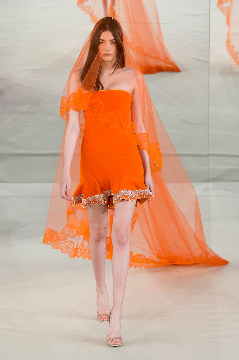 Orange, Fashion show, Human leg, Dress, High heels, Style, Amber, Peach, One-piece garment, Runway, 