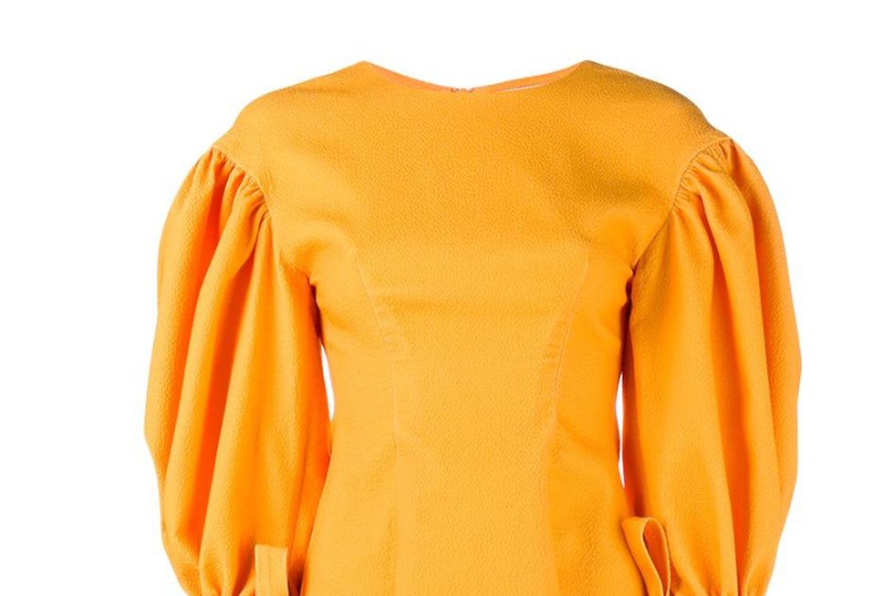 Clothing, Yellow, Orange, Sleeve, Dress, Outerwear, Day dress, Cocktail dress, Neck, Blouse, 