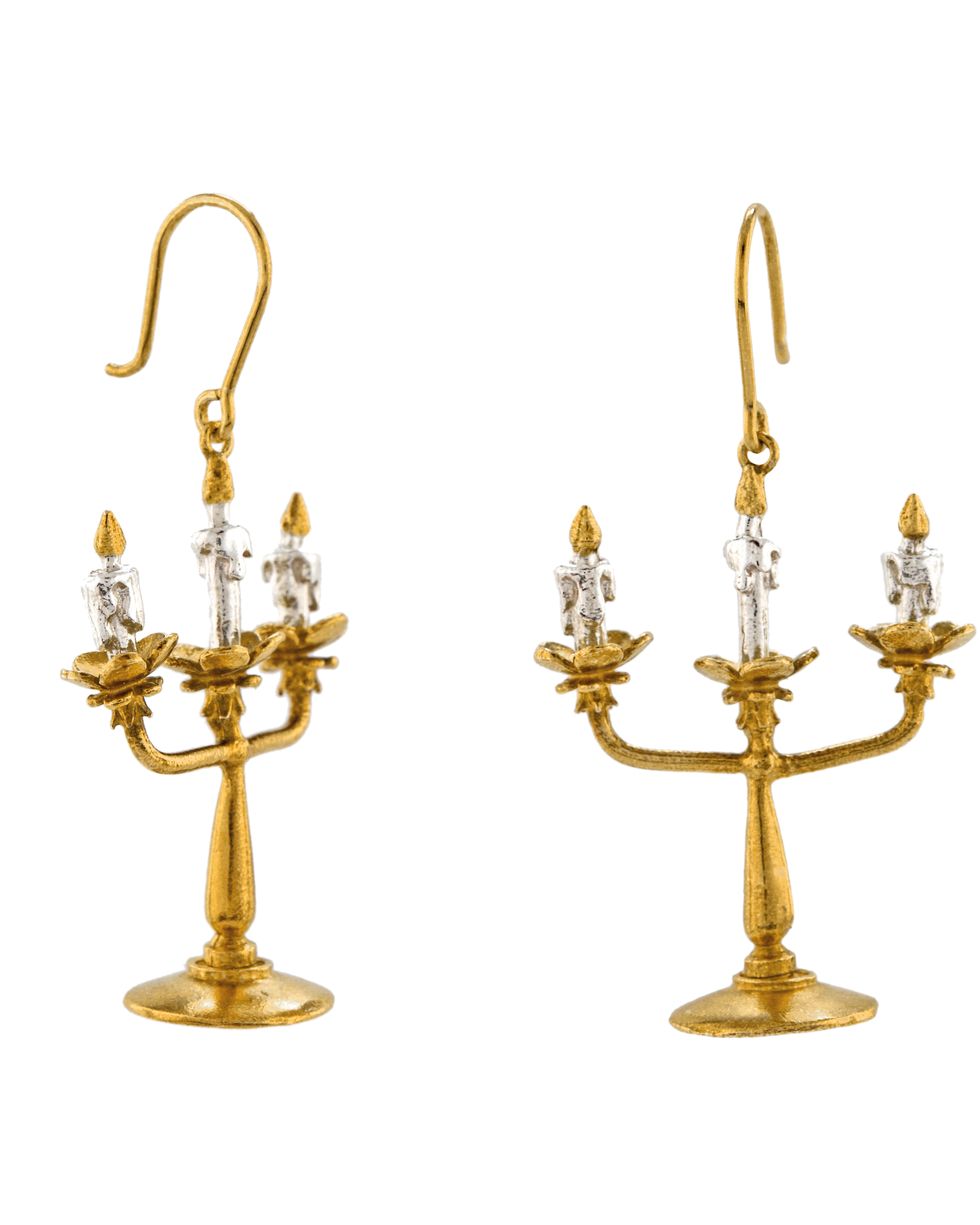 Candle holder, Brass, Earrings, Metal, Menorah, Jewellery, Fashion accessory, Interior design, Bronze, Light fixture, 