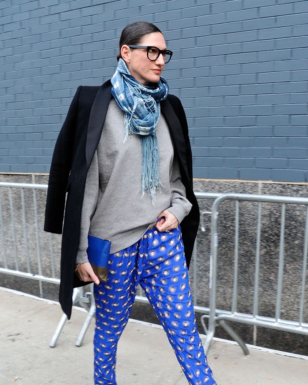 Blue, Sleeve, Textile, Outerwear, Style, Street fashion, Electric blue, Sunglasses, Pattern, Scarf, 