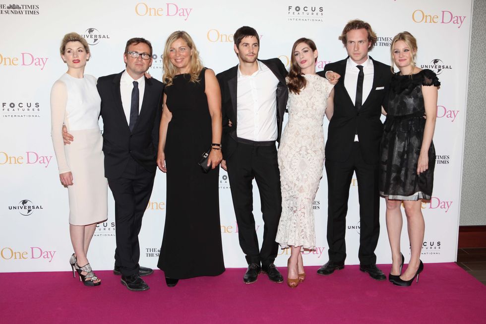 LONDON, ENGLAND - AUGUST 23: (EMBARGOED FOR PUBLICATION IN UK TABLOID NEWSPAPERS UNTIL 48 HOURS AFTER CREATE DATE AND TIME. MANDATORY CREDIT PHOTO BY DAVE M. BENETT/GETTY IMAGES REQUIRED) (L-R) Actress Jodie Whittaker, screenwriter David Nicholls, director Lone Scherfig, actors Jim Sturgess, Anne Hathaway, Rafe Spall and Romola Garai attend the European premiere of 'One Day' at The Vue Westfield on August 23, 2011 in London, England. (Photo by Dave M. Benett/Getty Images)