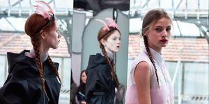 prada resort 2018 pigtail plaits and red lips