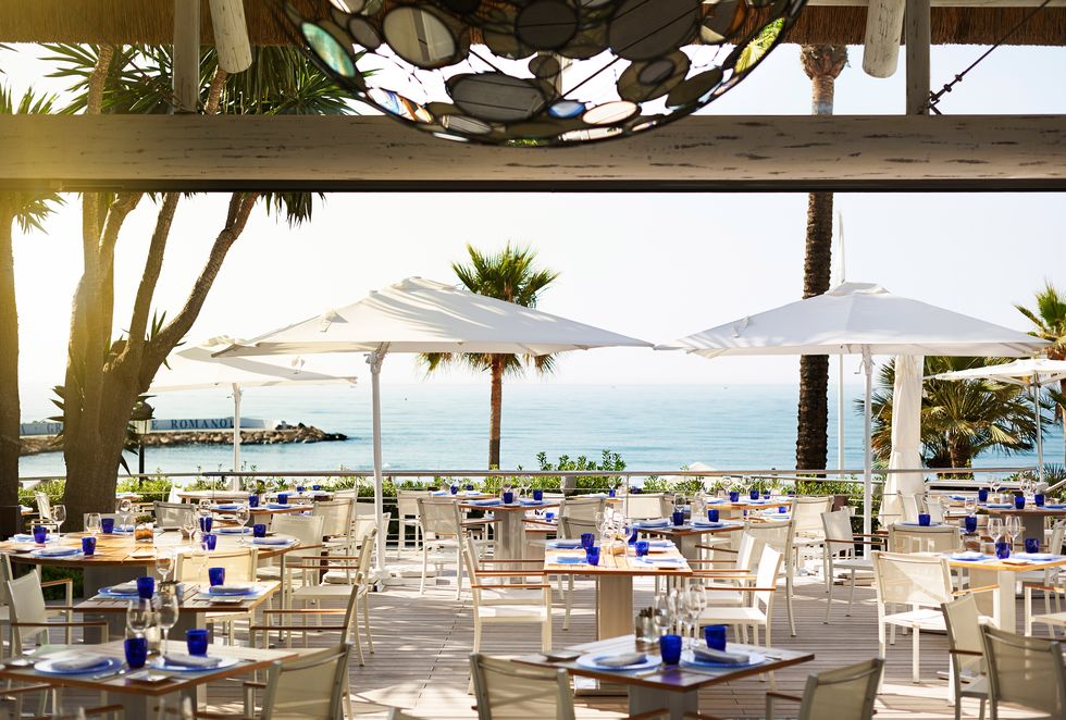 Furniture, Table, Resort, Outdoor furniture, Shade, Vacation, Caribbean, Restaurant, Ocean, Beach, 