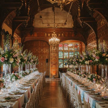 Building, Aisle, Ballroom, Architecture, Function hall, Floristry, Interior design, Flower, Floral design, Plant, 