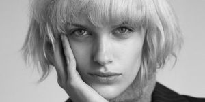 Hair, Face, Hairstyle, Blond, Chin, Beauty, Eyebrow, Lip, Black-and-white, Bangs, 