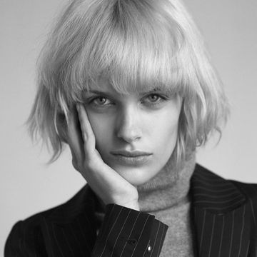 Hair, Face, Hairstyle, Blond, Chin, Beauty, Eyebrow, Lip, Black-and-white, Bangs, 