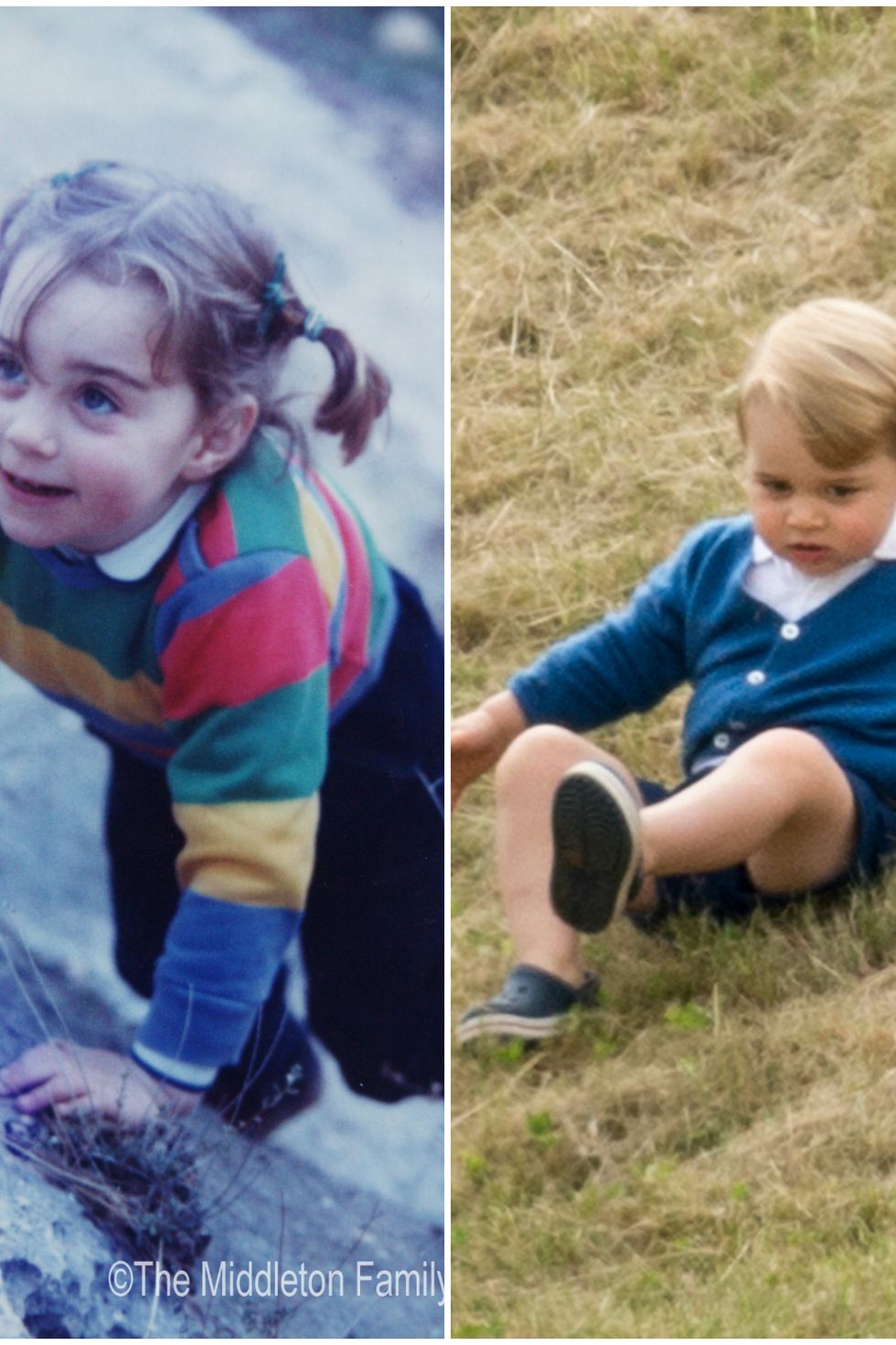his Handout Image provided by Clarence House www.officialroyalwedding2011.org, Kate Middleton is pictured aged three on a family holiday in the Lake District. (Photo by the Middleton Family/Clarence House via GettyImages)  Prince George of Cambridge attends the Gigaset Charity Polo Match at Beaufort Polo Club on June 14, 2015 in Tetbury, England. (Photo by Mark Cuthbert/UK Press via Getty Images)