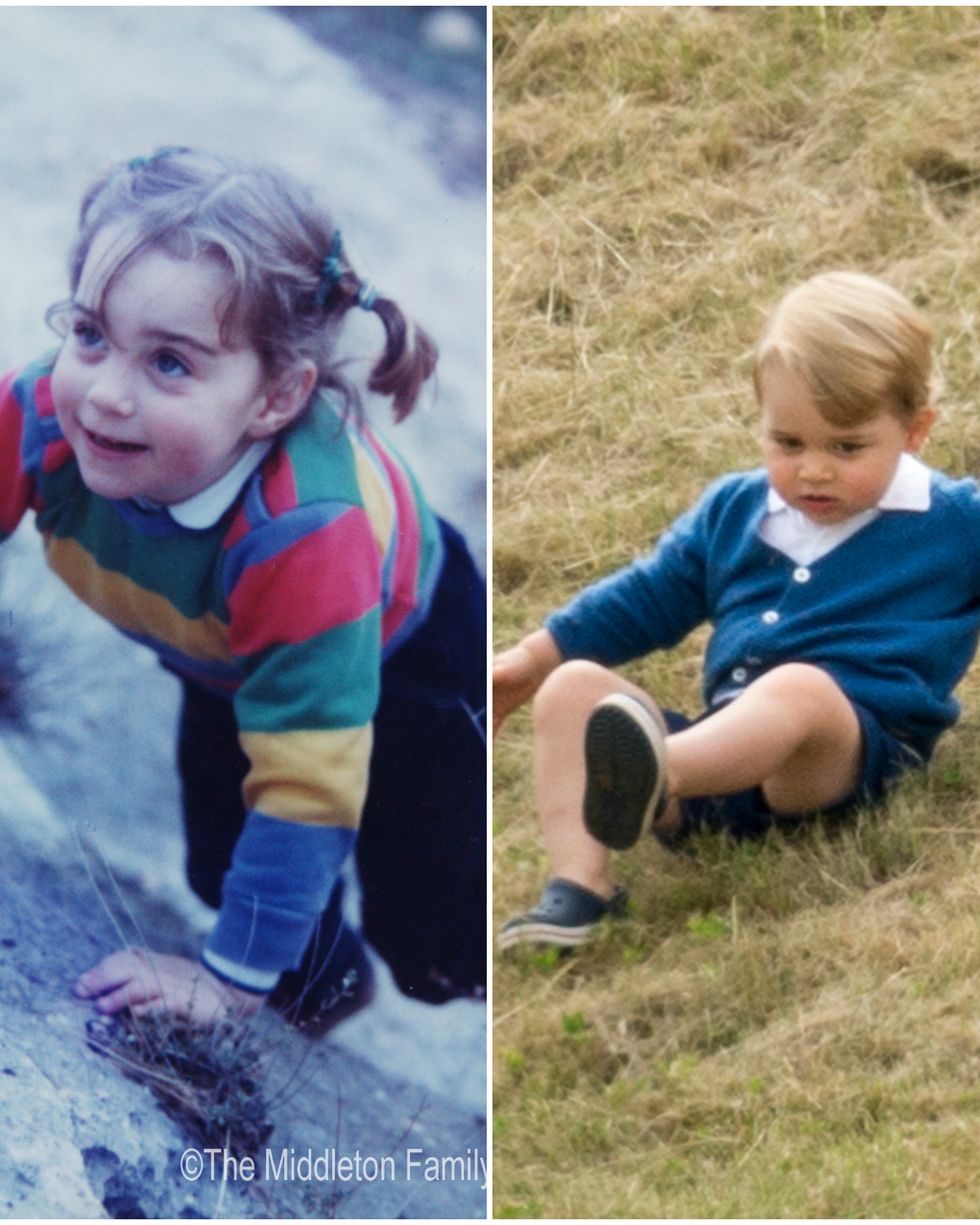 his Handout Image provided by Clarence House www.officialroyalwedding2011.org, Kate Middleton is pictured aged three on a family holiday in the Lake District. (Photo by the Middleton Family/Clarence House via GettyImages)  Prince George of Cambridge attends the Gigaset Charity Polo Match at Beaufort Polo Club on June 14, 2015 in Tetbury, England. (Photo by Mark Cuthbert/UK Press via Getty Images)