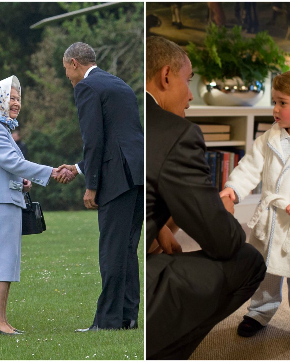 US President Barack Obama and his wife First Lady Michelle Obama are greeted by Queen Elizabeth II and Prince Phillip, Duke of Edinburgh after landing by helicopter at Windsor Castle for a private lunch on April 22, 2016 in Windsor, England. The President and his wife are currently on a brief visit to the UK where they will have lunch with HM Queen Elizabeth II at Windsor Castle and dinner with Prince William and his wife Catherine, Duchess of Cambridge at Kensington Palace. Mr Obama will visit 10 Downing Street on Friday afternoon where he is to hold a joint press conference with British Prime Minister David Cameron and is expected to make his case for the UK to remain inside the European Union. (Photo by Jack Hill - WPA Pool/Getty Images) In this handout provided by The White House, President Barack Obama, Prince William, Duke of Cambridge and First Lady Michelle Obama talks with Prince George at Kensington Palace on April 22, 2016 in London, England. The President and his wife are currently on a brief visit to the UK where they attended lunch with HM Queen Elizabeth II at Windsor Castle and later dinner with Prince William and his wife Catherine, Duchess of Cambridge at Kensington Palace. Mr Obama visited 10 Downing Street this afternoon and held a joint press conference with British Prime Minister David Cameron where he stated his case for the UK to remain inside the European Union. (Photo by Pete Souza/The White House via Getty Images)