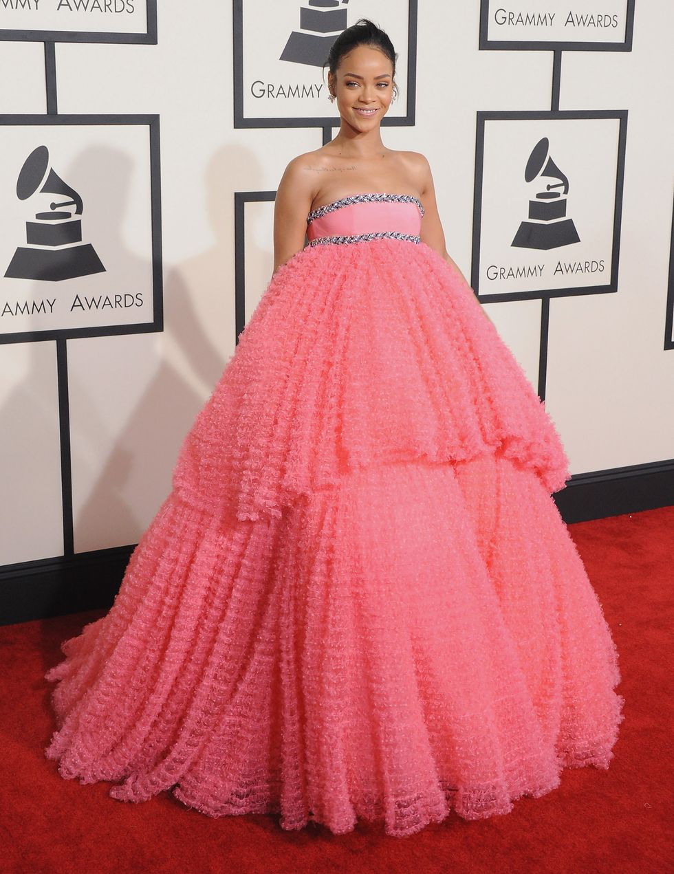 Dress, Clothing, Gown, Pink, Red carpet, Strapless dress, Carpet, Red, Shoulder, A-line, 