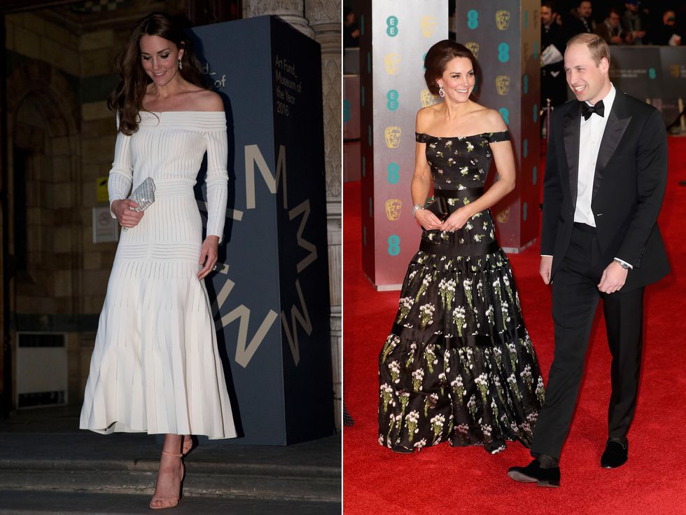 The Duchess of Cambridge wearing off-the-shoulder dresses