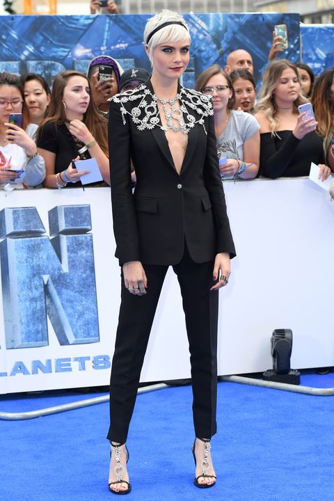 Cara Delevingne wearing Burberry at the Valerian premiere