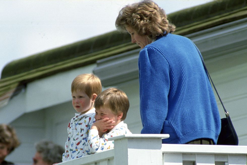 Prince William And Prince Harry With Their Nanny Watching Their Father Play Polo At Guards Polo Club. The Princes Are Wearing Identical Patterned Sweatshirts.