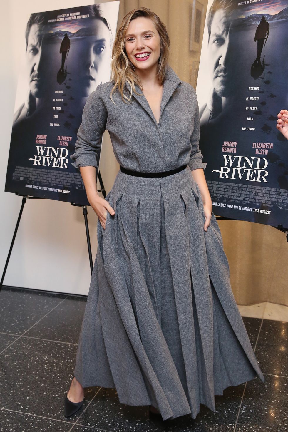 Elizabeth Olsen wearing Dior to the 'Wind River' premiere. Getty Images