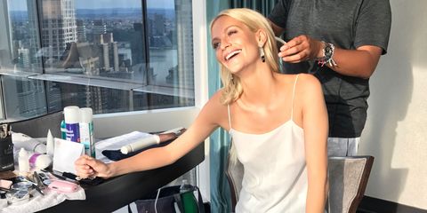 Poppy Delevingne getting ready for the Ralph Lauren show in New York