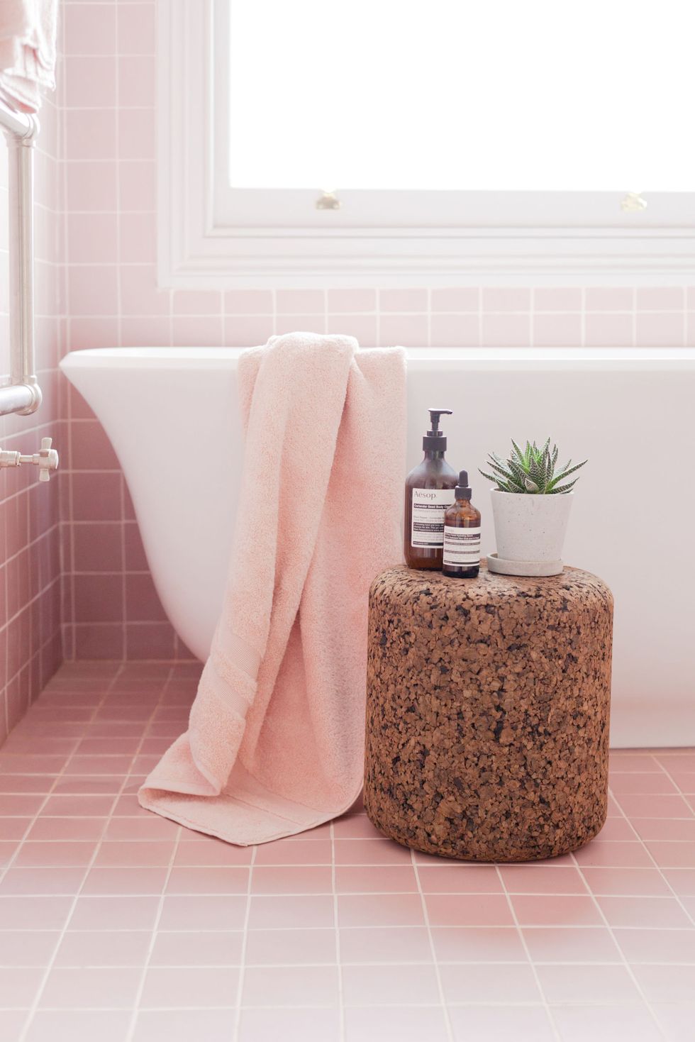 2LG Studio - Pink bathroom look: Tile Giant Victorian Pink tiles and products from Victoria + Albert baths. 