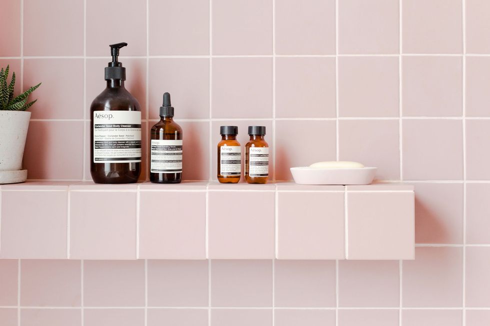 2LG Studio - Pink bathroom look: Tile Giant Victorian Pink tiles and products from Victoria + Albert baths. 