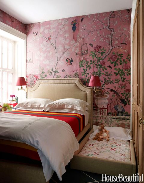 Bed, Room, Interior design, Textile, Wall, Red, Bedding, Bedroom, Linens, Pink, 