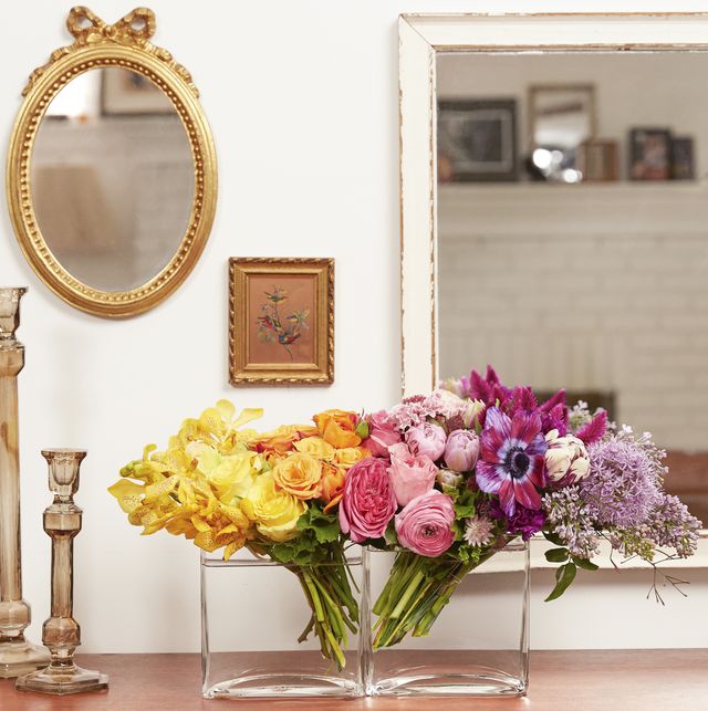 pink, room, yellow, purple, wall, mirror, furniture, table, flower, interior design,