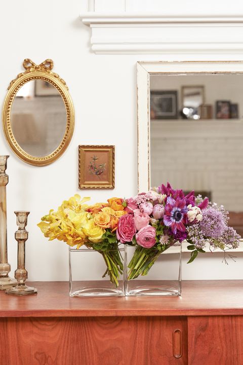 pink, room, yellow, purple, wall, mirror, furniture, table, flower, interior design,