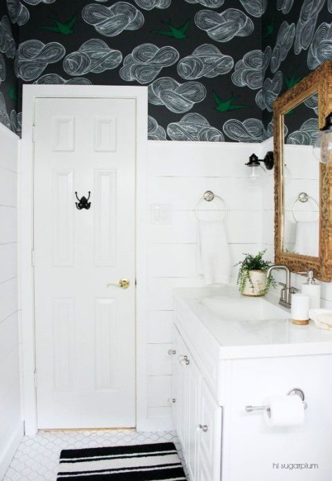 Black Wallpaper Bathroom Makeover - Dramatic Bathroom Makeover Ideas