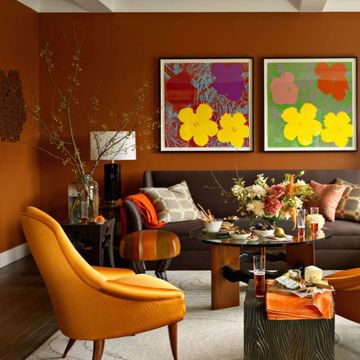 Living room, Room, Interior design, Orange, Furniture, Yellow, Property, Table, Brown, Home, 