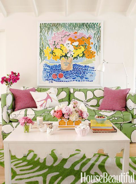 cheerful green pink and white living room