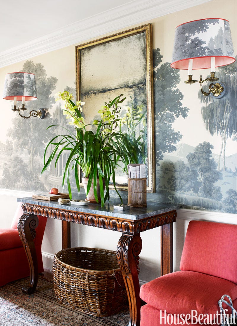 Red and gray patterned oval lampshades