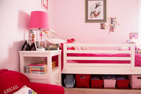 Room, Interior design, Textile, Red, Pink, Linens, Bedroom, Interior design, Bed, Bedding, 