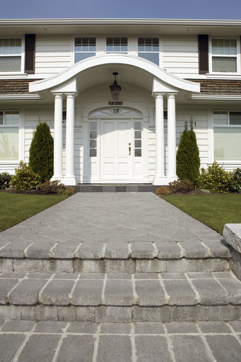Road surface, Property, Residential area, Home, Real estate, Walkway, House, Facade, Door, Fixture, 