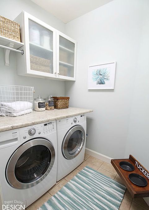 Room, Washing machine, Clothes dryer, Wall, Major appliance, Interior design, Teal, Grey, Picture frame, Home, 