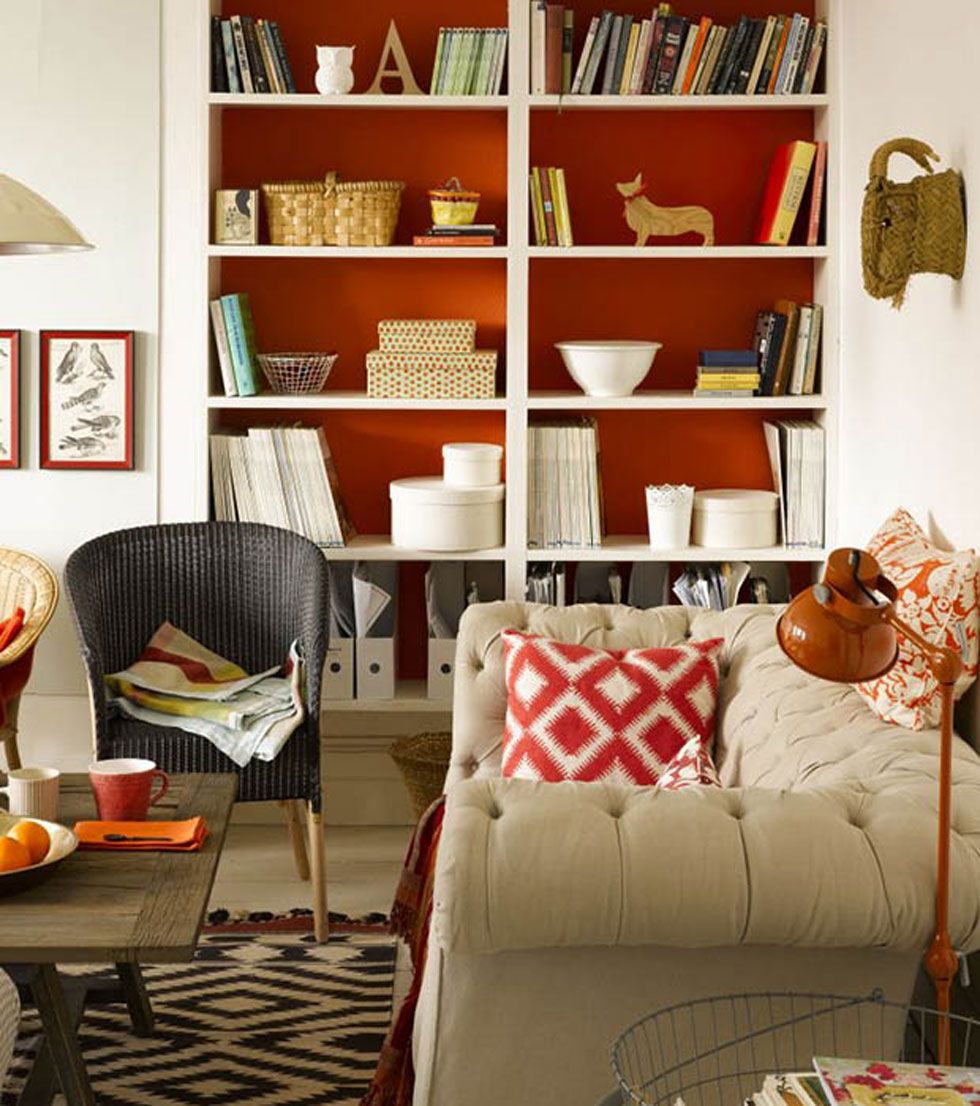 Room, Interior design, Shelf, Furniture, Shelving, Orange, Home, Living room, Interior design, Carmine, 