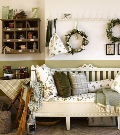 Green, Room, Interior design, White, Wall, Home, Interior design, Basket, Shelving, Pillow, 
