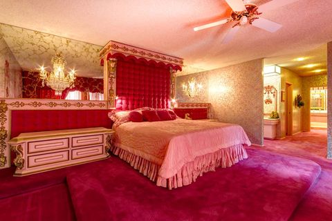 Lighting, Bed, Room, Interior design, Floor, Property, Textile, Bedroom, Ceiling fan, Red, 