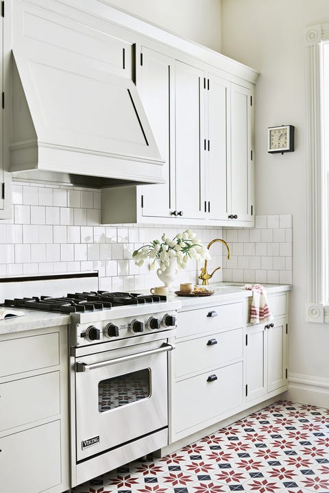 Muted Grey Tile Floor Kitchen And White Tile Kitchen Backsplash