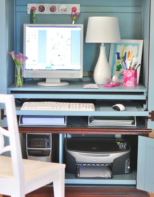 computer desk with hidden printer storage