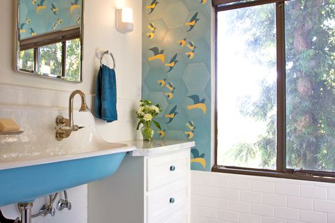 Blue, Room, Interior design, Plumbing fixture, Wall, Glass, Tap, Bathroom sink, Interior design, Turquoise, 