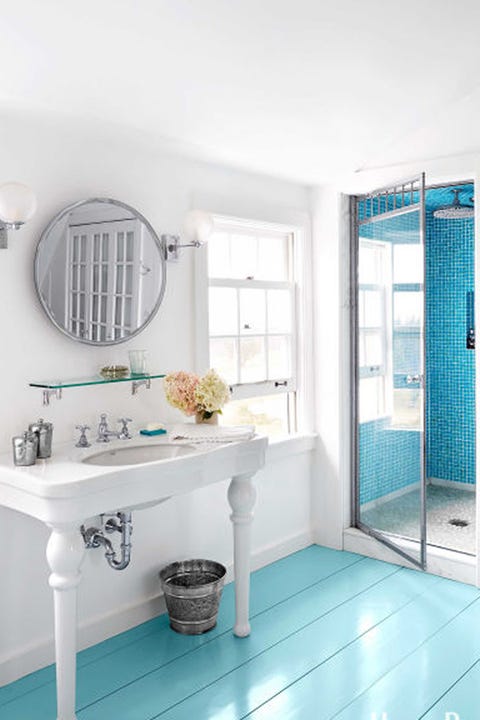 <p>In a bathroom, nothing's more fitting than a pleasant blue, and <a href="http://www.housebeautiful.com/design-inspiration/home-makeovers/g2105/colorful-new-england-farmhouse/" target="_blank">this Nate McBride and Kari McCabe creation</a> hits the nail on the head. White porcelain and a glass shower offset the turquoise walls.</p>