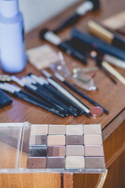 Blue, Beauty, Brown, Eye shadow, Eye, Material property, Cosmetics, Wood, Writing implement, Still life photography, 