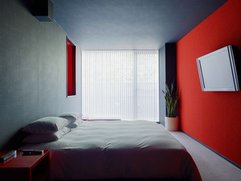 Bedroom, Room, Red, Interior design, Bed, Furniture, Property, Bed sheet, Bed frame, Wall, 