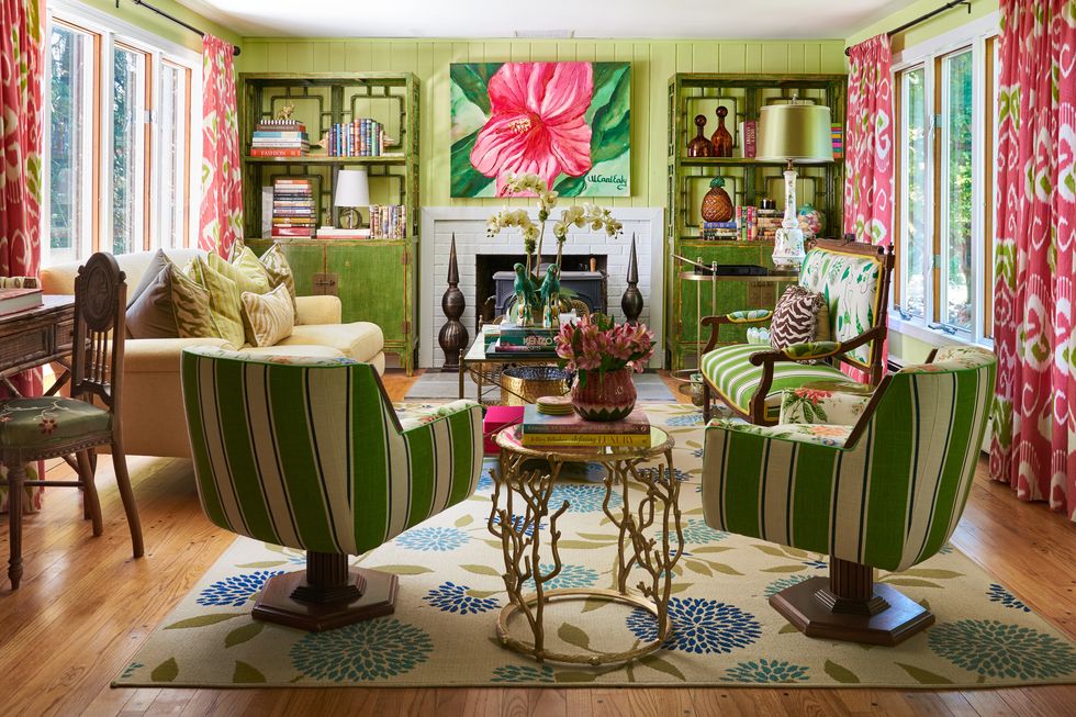 Green, Interior design, Room, Table, Furniture, Interior design, Pink, Living room, Flooring, Home, 
