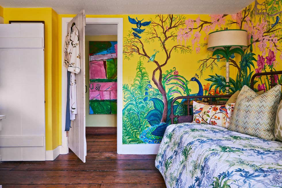 Wood, Yellow, Room, Branch, Interior design, Wall, Purple, Door, Paint, Linens, 