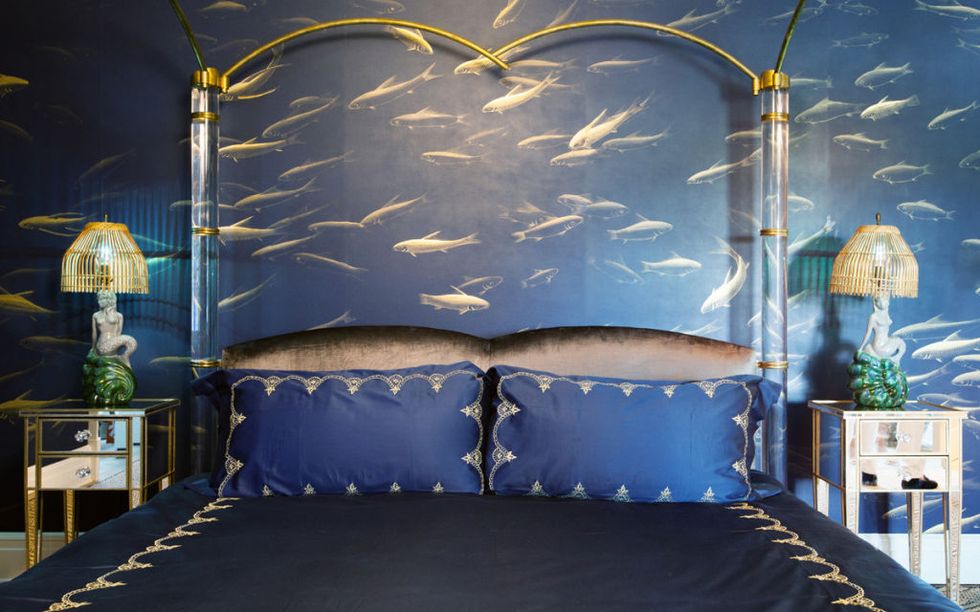 Blue, Organism, Majorelle blue, Art, Marine mammal, Fish, Bedroom, Bed, Bedding, 