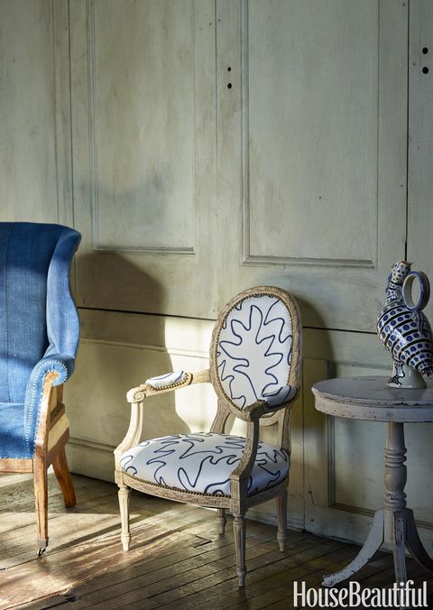 <p>Ralph Lauren Home's Hepplewhite wing chair provides a counterpoint to John Rosselli &amp; Associates' Louis XVI-style armchair, which is covered in Gigi fabric by Bunny Williams for Lee Jofa. The Blue Bird ceramic vase by Alessandro Iudici is from Artemest.</p>